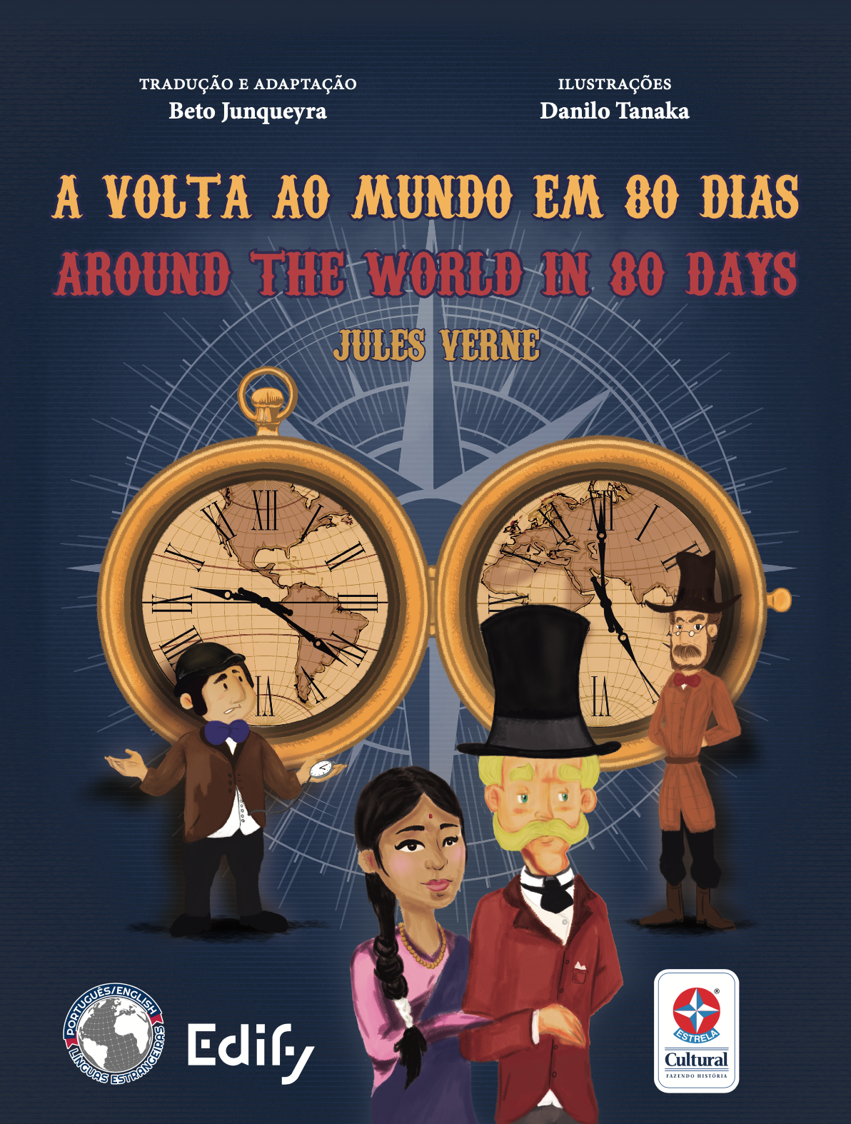 Capa do livro A volta ao mundo em 80 dias (português e inglês)